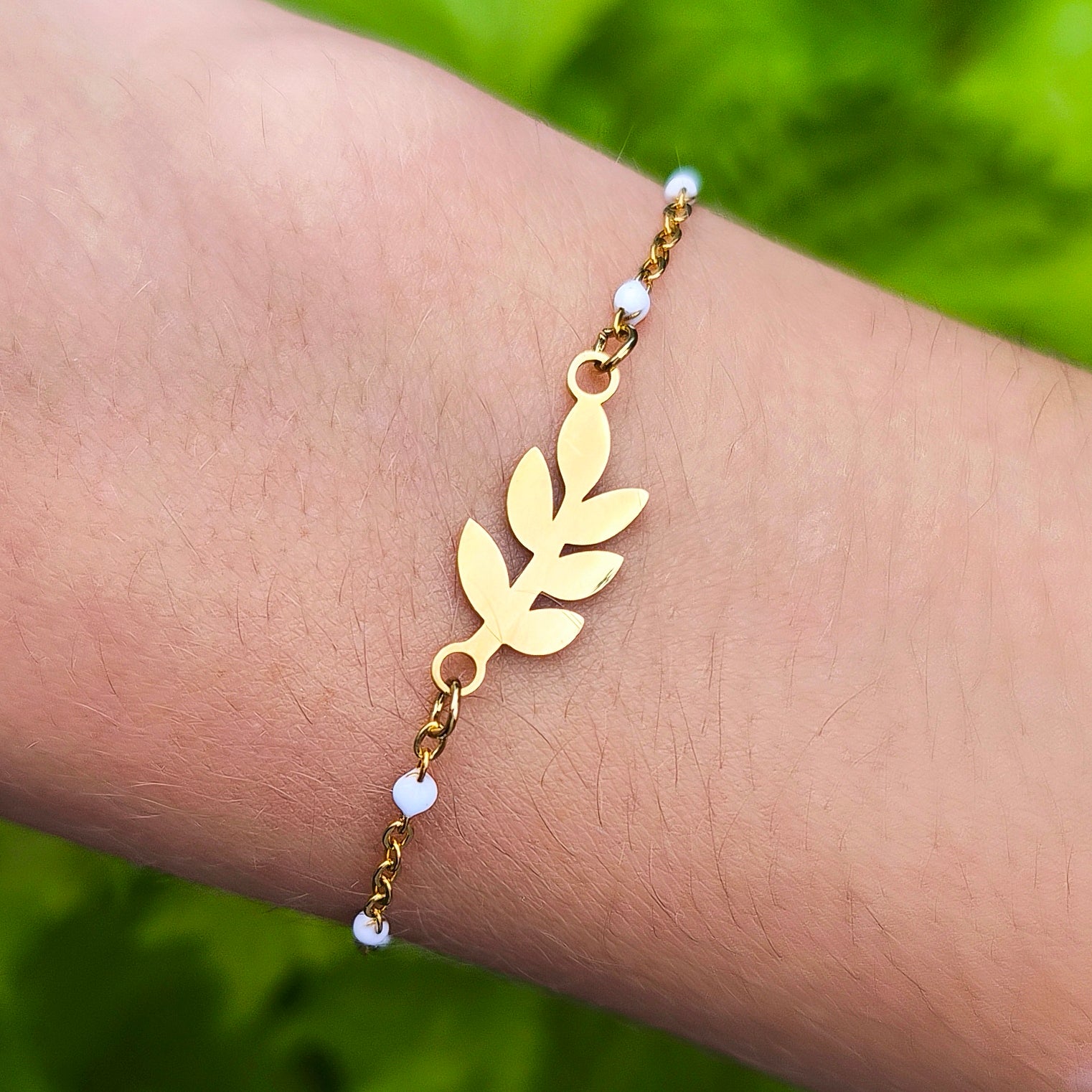 Bracelet - Feuille - Blanc Dorée