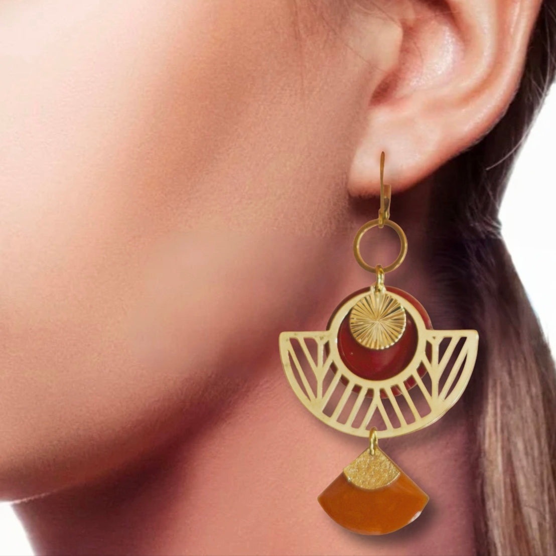 Boucles d'oreilles - Paloma rouge et moutarde dorée