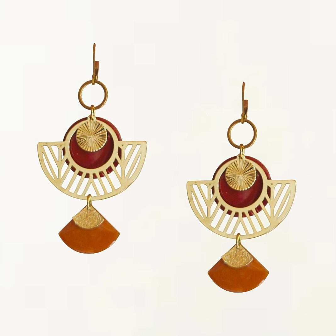Boucles d'oreilles - Paloma rouge et moutarde dorée