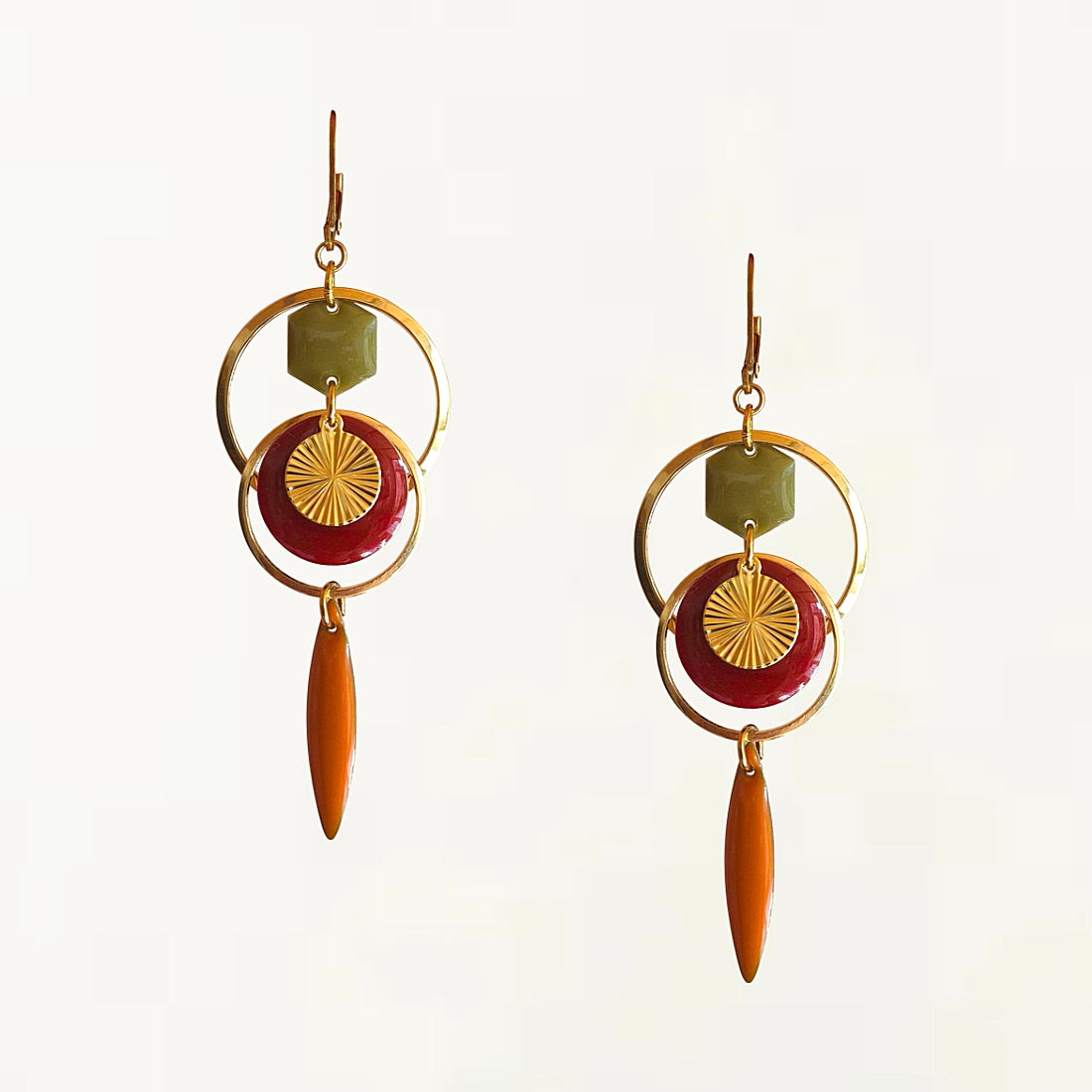 Boucles d'oreilles - Aurore rouge, vert, moutarde bronze